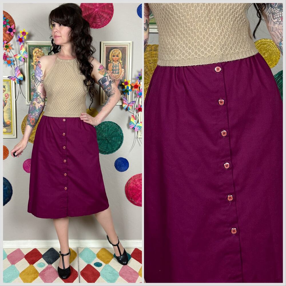 Vintage 1980s Purple High Waist Button Front A-Line Skirt